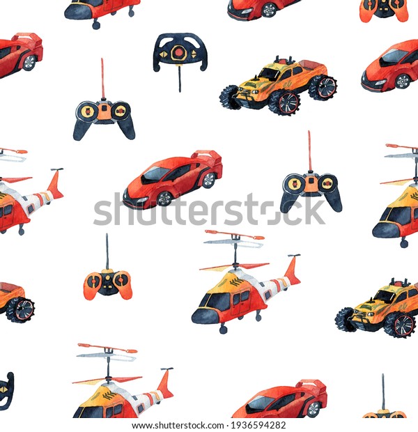 Models of cars and a\
helicopter on the control panel on a seamless pattern. Watercolor\
illustration for men. Background texture for fabric, wrapping\
paper, wallpaper.
