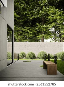 modem concrete villa 3d rendering with a lot of greenery in the garden, trees, big windows, bench and curtains