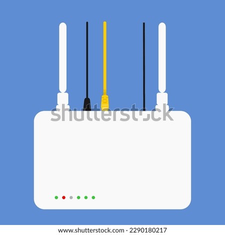 Modem internet router wifi wireless network with 2 antennas, utp cable, power cable, fiber optik on blue background
