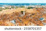 Modena, Italy. Watercolor illustration. Modena Cathedral. Famous Romanesque cathedral with bell tower. Historical Center. Summer, Aerial View