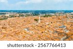 Modena, Italy. Watercolor illustration. Modena Cathedral. Famous Romanesque cathedral with bell tower. Historical Center. Summer, Aerial View