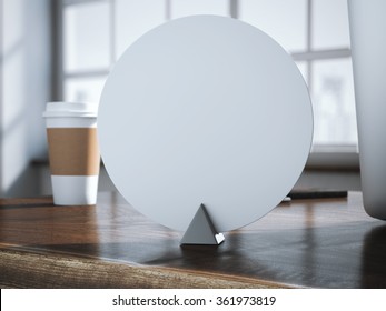 Moder Circle Nameplate On The Wooden Table. 3d Rendering