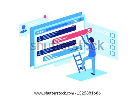 Moderator s work, correction of forum posts. Man making adjustment message in online. illustration.
