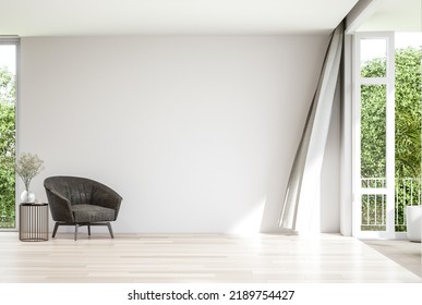 Moderm Style Empty White Wall Living Room Decorate With Brown Lounge Chair 3d Render There Are Empty White Wall With Large Open Folding Doors, The Curtains Swayed With The Wind Blowing Into The Room