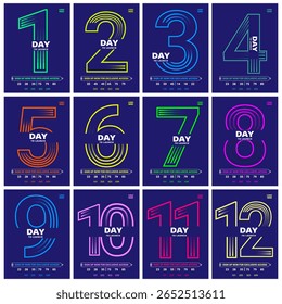Modern 12-day countdown posters with bold neon numbers, perfect for product launches, events, promotions, and digital marketing campaigns.