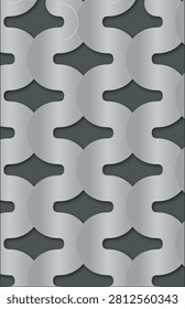 Modern 3D abstract pattern featuring silver metallic curved geometric shapes. Overlapping wavy elements create a sophisticated architectural wall panel texture for luxury interior design.