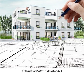 建築家による近代的な家のスケッチと3dレンダリング のイラスト素材 Shutterstock