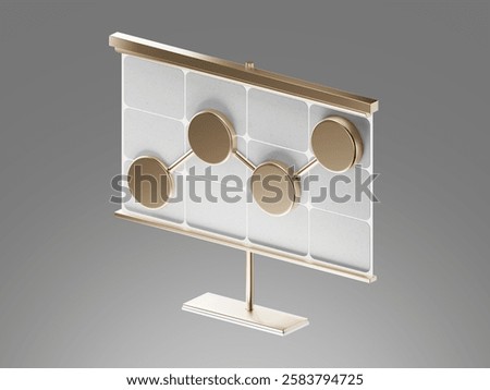 Modern 3D icon of a data chart with gold circular nodes connected by lines on a sleek metallic display. Perfect for concepts like business analytics, financial growth, and data visualization.