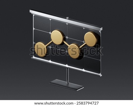 Modern 3D icon of a data chart with gold circular nodes connected by lines on a sleek metallic display. Perfect for concepts like business analytics, financial growth, and data visualization.