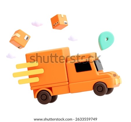 A modern 3D render of an orange delivery truck with flying parcels and clouds, isolated on a clean white background. Perfect for logistics, shipping, and delivery themes.