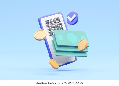 A modern 3D render showcasing the ease and security of contactless payments with floating elements of a smartphone, QR code, banknotes, coins, and a checkmark