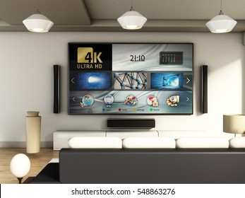 Modern 4K smart TV room with large windows and parquet floor. 3D illustration.