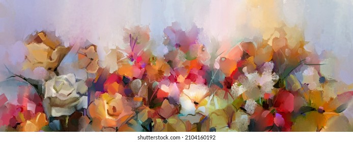 Modern Abstract Art, Oil Painting Texture With Blue, Pink, Yellow, Red Color Brush Stroke. Spring, Summer Flower Nature For Wallpaper. Illustration Artwork Floral Design For Decoration Background