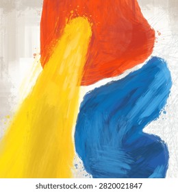 Modern abstract background featuring expressive red, yellow, and blue acrylic brush strokes on a light textured canvas. Colorful painterly composition with artistic textures and generous copy space, ideal for branding, posters, presentations, social media, packaging, and creative design projects.