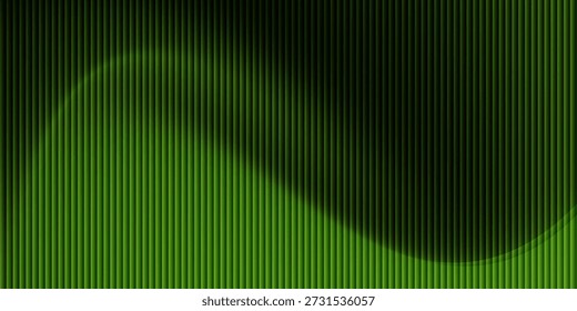 Modern abstract background featuring vertical green stripes with fluid dark wave overlay. Elegant curved gradient design with sleek high-tech aesthetic and vibrant emerald tones