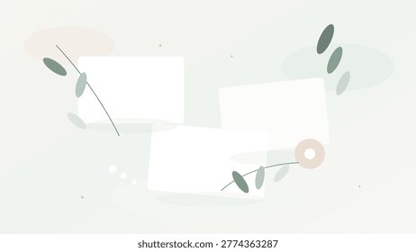 Modern abstract botanical composition featuring green leaves combined with blank label shapes and soft geometric elements. The layout creates space for text or branding, making it ideal for packaging, product labels, invitations and marketing materials. The design uses a minimal palette and clean structure for a contemporary look. Suitable for eco brands, wellness products and lifestyle design projects requiring flexible visual templates.