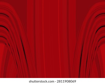 modern abstract composition dominated by deep red tones with subtle black accents. Smooth, flowing curved bands emerge from both the left and right edges, creating a symmetrical arch-like structure that frames the composition. In
