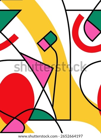 Modern abstract geometric pattern with bold color blocks in red, yellow, pink, and green outlined in black. A striking pop-art inspired design ideal for prints, fashion, and home decor surfaces.
