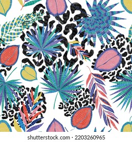 Modern Abstract Seamless Pattern With Creative Colorful Tropical Leaves. Retro Bright Summer Background. Jungle Foliage Illustration. Swimwear Botanical Design. Vintage Exotic Print.