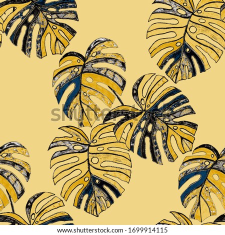 Modern abstract seamless pattern with creative colorful tropical leaves for design. Retro bright summer background. Jungle foliage illustration. Swimwear botanical design. Vintage exotic print.