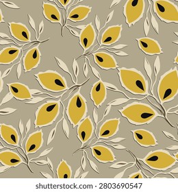 Modern abstract seamless pattern featuring stylized mustard yellow leaves with black central spots on a muted taupe background. Contemporary mid-century bohemian botanical vector design for luxury textiles and apparel.