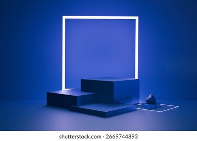 A modern abstract studio scene features multiple blue geometric podiums for product display, highlighted by a glowing white neon frame. The minimalist design evokes a futuristic and clean aesthetic.