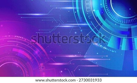 A modern abstract technology background featuring glowing digital circuit lines and futuristic circular interfaces in vibrant blue and purple tones. Ideal for AI concepts, innovation themes, sci-fi designs, websites, presentations, and tech branding.