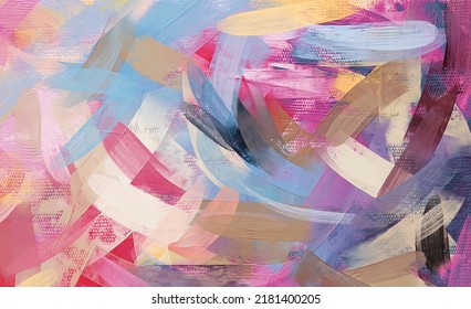 Modern Acrylic Artwork, Abstract Paint Strokes, Purple Painting On Canvas. Brush Daubs And Smears Grungy Background, Hand Painted Fashion Pattern