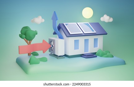 Modern air source heat pump system installed in a residential building, 3D illustration concept. Energy efficient, sustainable and climate friendly solution for heating and cooling a. 3D Illustration