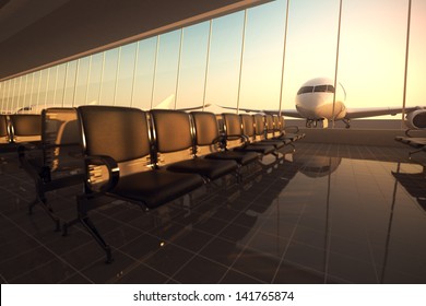Modern airport terminal with black leather seats at sunset. A huge viewing glass facade with a passenger aircraft behind it.