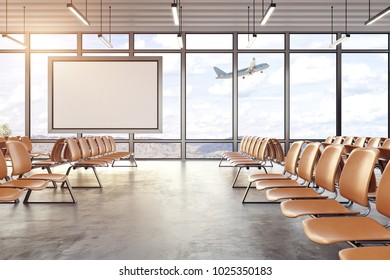 Modern airport waiting area interior with seats, blank poster and windows with landscape view. Travel and lifestyle concept. 3D Rendering 