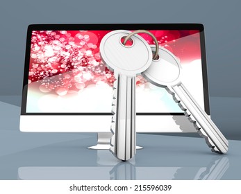 A modern All in one computer with a pair of Keys symbolizing security.