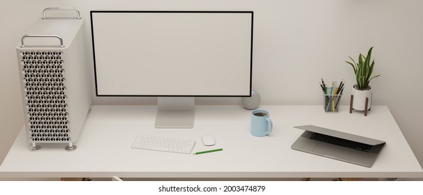 Modern All White Working Space With Desktop Computer Mock-up, Laptop, Stationary And Office Supplies, 3D Rendering, 3D Illustration