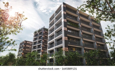 Modern apartment buildings exteriors, in sunny day, green area, park - 3d rendering