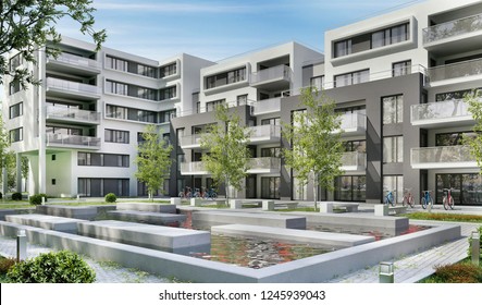 Modern apartment buildings in a green residential area in the city. 3D rendering