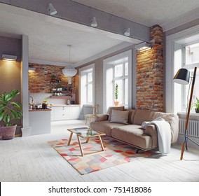 Modern Apartment  Interior. Scandinavian Style Design. 3d Rendering Concept