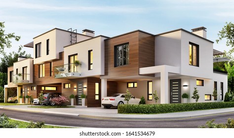Modern apartments residential townhouses. 3d rendering