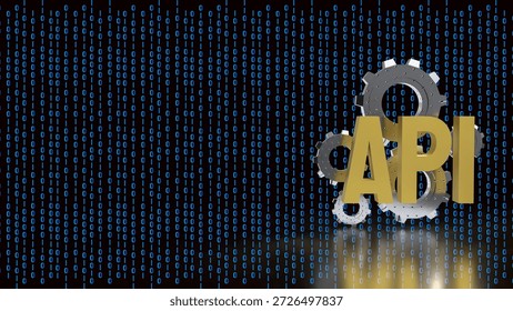 Modern API and artificial intelligence concept showing gears and API text over binary code, representing software integration, automation, data processing, and digital technology infrastructure.