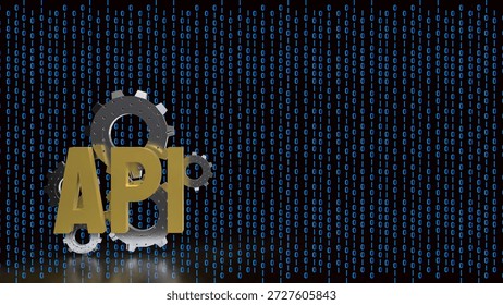 Modern API and artificial intelligence concept showing gears and API text over binary code, representing software integration, automation, data processing, and digital technology infrastructure.