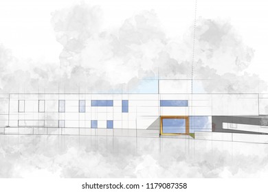 Modern architecture computer generated illustration sketch watercolor and ink style