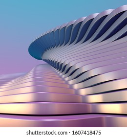 Modern architecture detail. Futuristic metal Building. Art background with pastel colors. Abstract curved shape. 3D Rendering