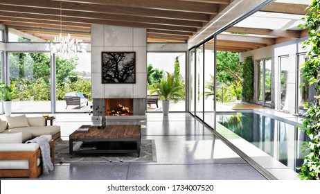 Modern Architecture Meets Rustic Accents With This Interior, Exterior Common Area With Lap Pool,fireplace And Indoor And Outdoor Furniture. 3d Rendering 