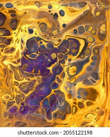 Modern Art. Fashionable Image. Abstract Acrylic Structure. Gold On A Purple Background