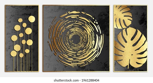 Modern art golden leaves with black background canvas wall art