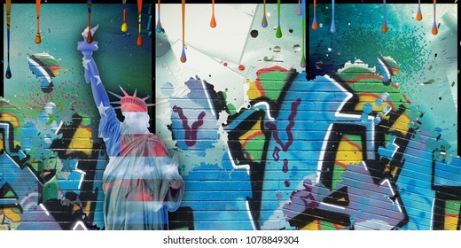 Modern art. Liberty statue in national colors. Pieces of graffiti. Paint drops. 3D rendering