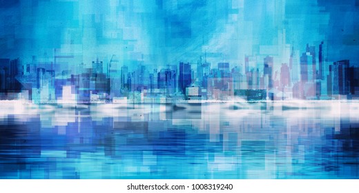 Modern Art. Manhattan, New York panorama in vivid blue colors. 3D rendering