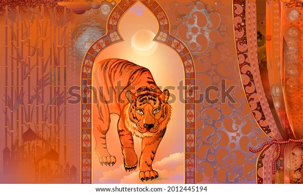 Modern art wallpaper. Surreal illustration of fantasy tiger from eastern legend. The magnificent luxury decoration. beautiful background. Design for interiors, photo wallpaper, cards, posters.