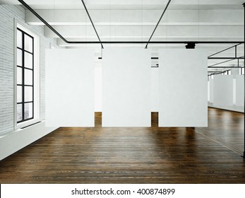 Modern Art Museum Expo In Loft Interior. Open Space Studio.Empty White Canvas Hanging.Wood Floor, Bricks Wall,panoramic Windows.Blank Frames Ready For Bussiness Information.Horizontal. 3d Rendering