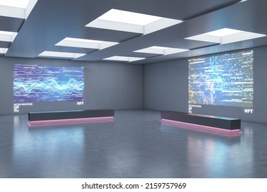 Modern Art And Nft Concept With Digital Pieces Of Art, Futuristic Design Benches On Concrete Floor In Exhibition Or Gallery Hall. 3D Rendering