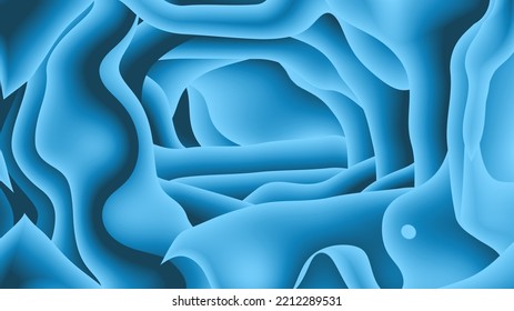 Modern And Artistic 3D Abstract Metallic Blue Color Paper Art Illustration Background. Futuristic Paper Cut Out, Fluid Or Porous Shapes. Liquid And Porous Metallic Blue Gradient Colors.